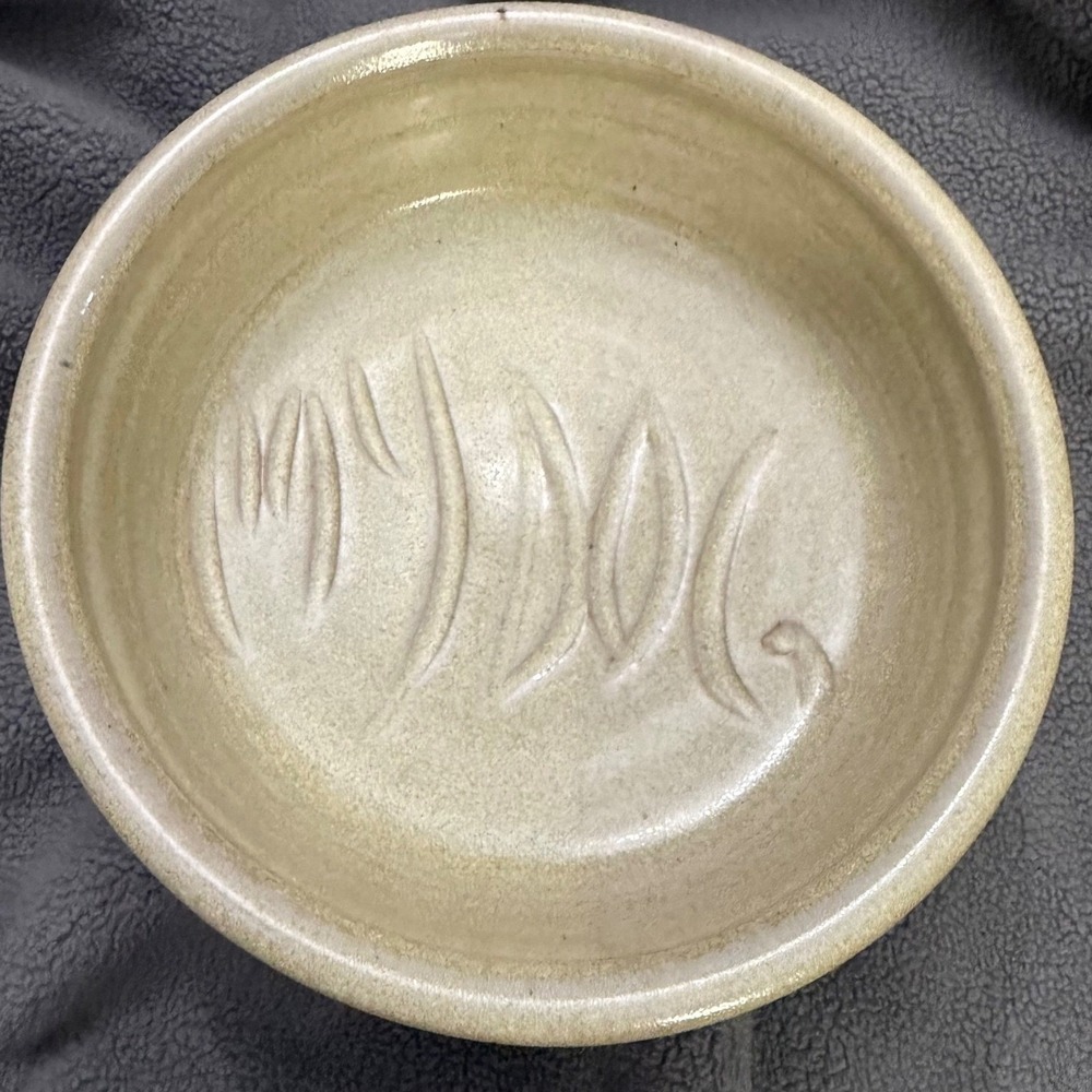 Handmade Studio Pottery Bowl Sage Green Incised Stoneware 7" Signed  "My Dog"